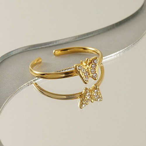 1 peça moda borboleta chapeamento de aço inoxidável strass anel aberto