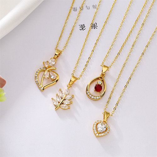 Streetwear Leaf Heart Shape Copper Plating Inlay Zircon Gold Plated Pendant Necklace
