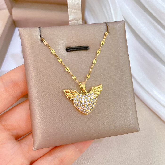 Elegant Heart Shape Wings Titanium Steel Copper Inlay Zircon Pendant Necklace