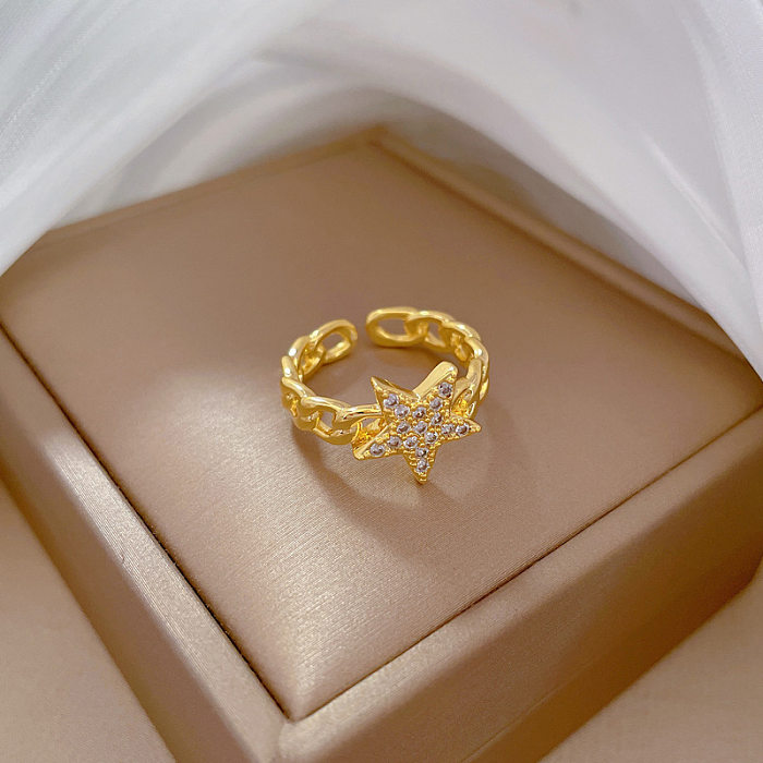 Fashion Pentagram Brass Plating Zircon Open Ring