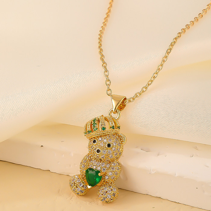 Cute Sweet Little Bear Copper Plating Inlay Zircon Gold Plated Pendant Necklace