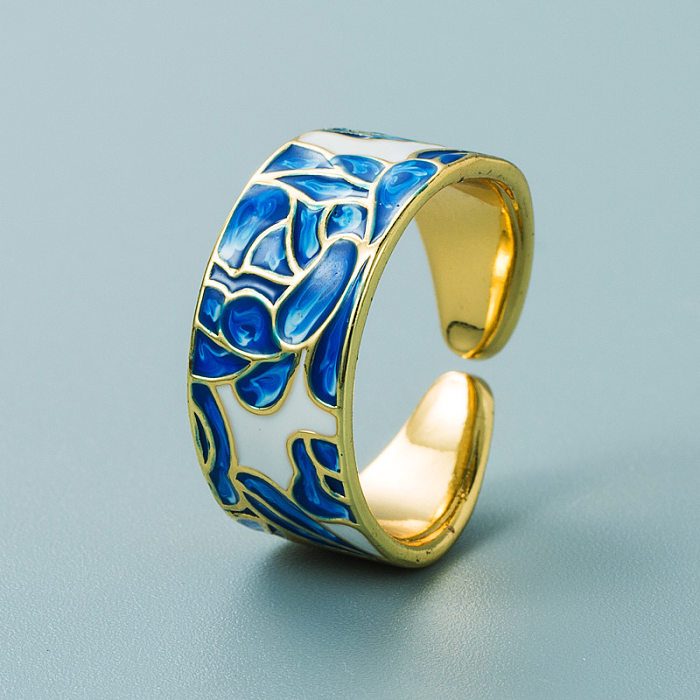 INS European And American Fashion & Trend Punk Copper Plated Real Gold Drop Oil Blue And White Porcelain Pattern Hip Hop Open Ring Ornament
