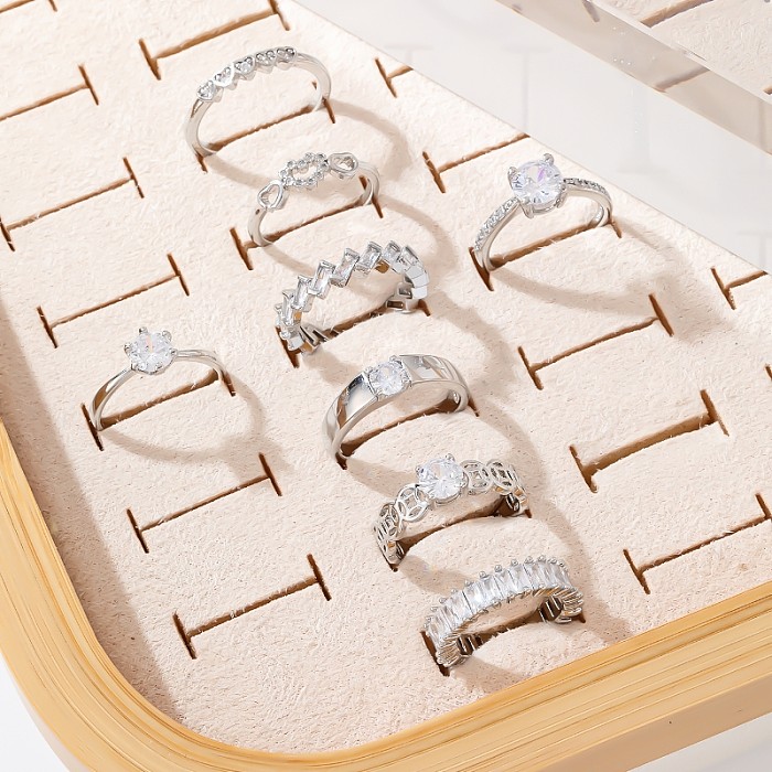 Doce estilo simples formato de coração retângulo cobre chapeamento incrustado zircão branco banhado a ouro anéis abertos