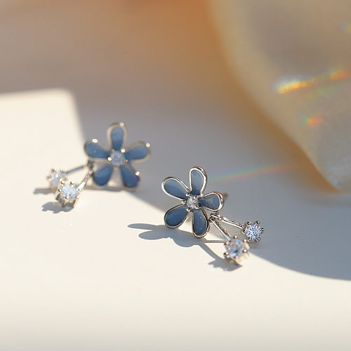 1 par de brincos de orelha de diamante artificial de cobre com chapeamento de flores doces