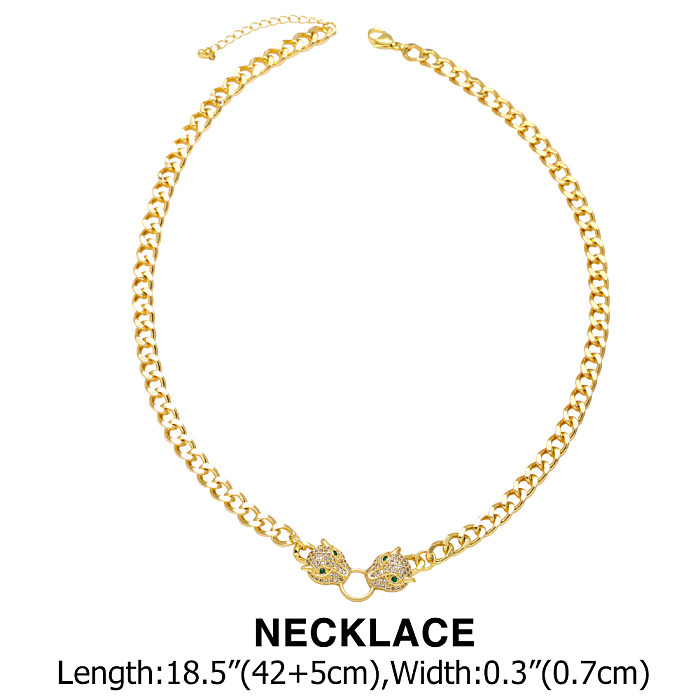 1 pièce hip-hop tête de léopard plaqué cuivre zircon plaqué or 18 carats unisexe bracelets collier