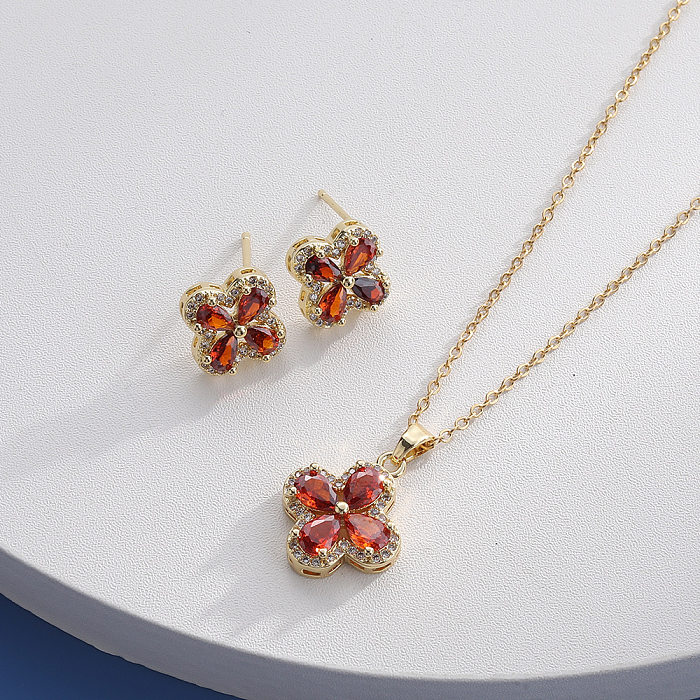 Sweet Four Leaf Clover Copper Plating Inlay Zircon Earrings Necklace