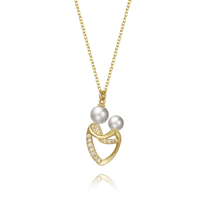 Lässiger einfacher Stil, klassischer Stil, Herzform, Kupfer, vergoldet, künstliche Perlen, künstliche Diamant-Anhänger-Halskette in großen Mengen