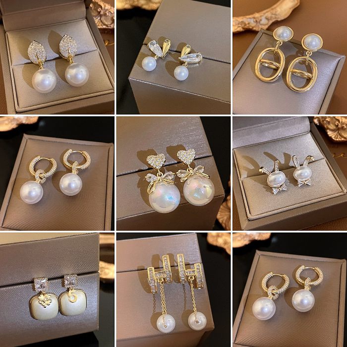 1 Paar elegante Tropfen-Ohrringe mit Buchstaben-Schleife und Knoten-Inlay aus Metall, Kupfer, Perle und Zirkon