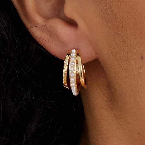 Boucles d'oreilles rétro en cuivre avec galvanoplastie, or 18 carats, perles en forme de C