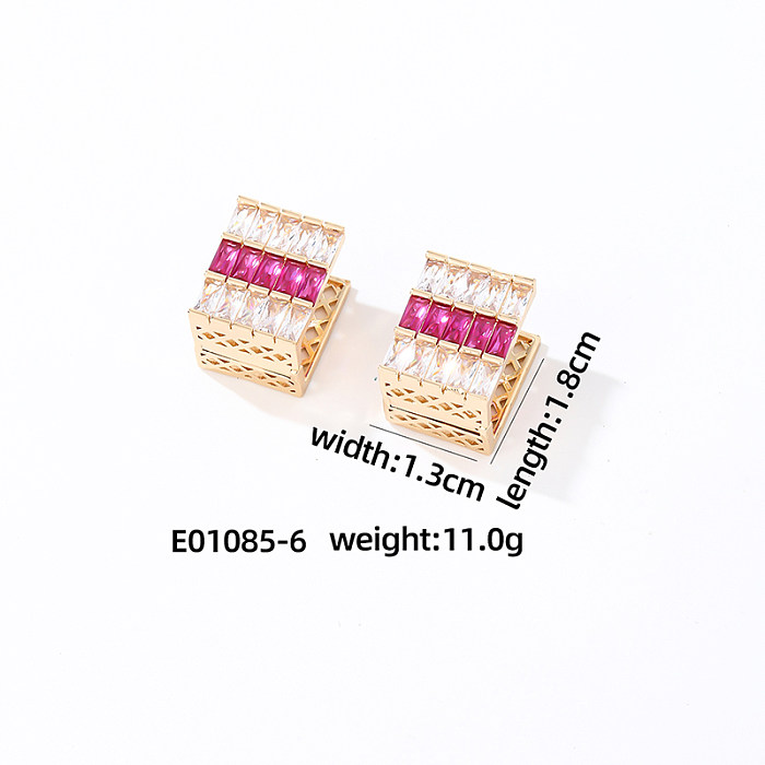 1 par de pendientes de circonita de cobre con incrustaciones cuadradas brillantes y dulces informales
