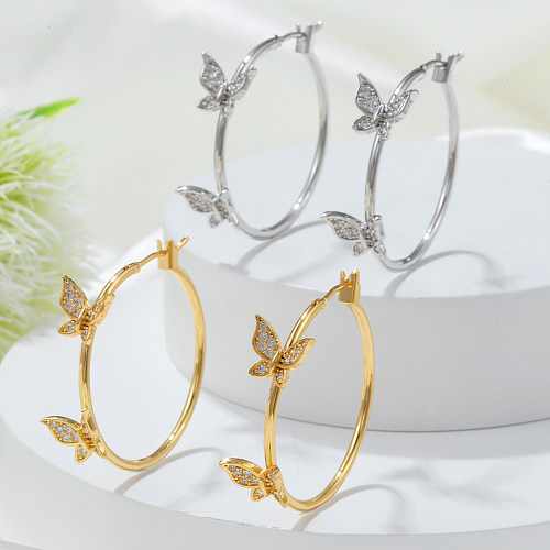 Fashion Butterfly Copper Gold Plated Zircon Hoop Earrings 1 Pair