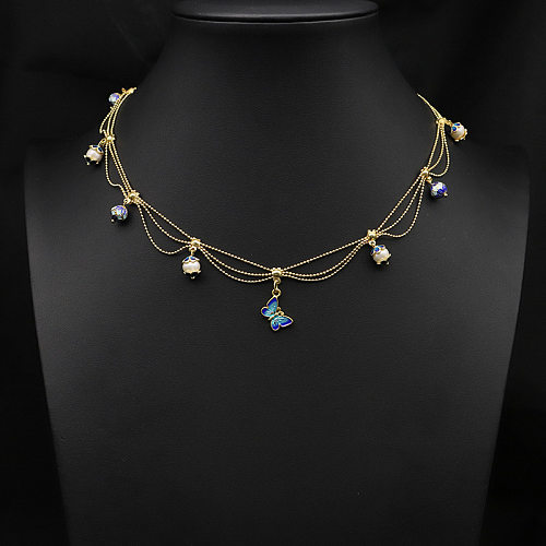 Elegante Retro-Schmetterlings-Halskette mit Kupferbeschichtung und Inlay-Perle, 18 Karat vergoldet
