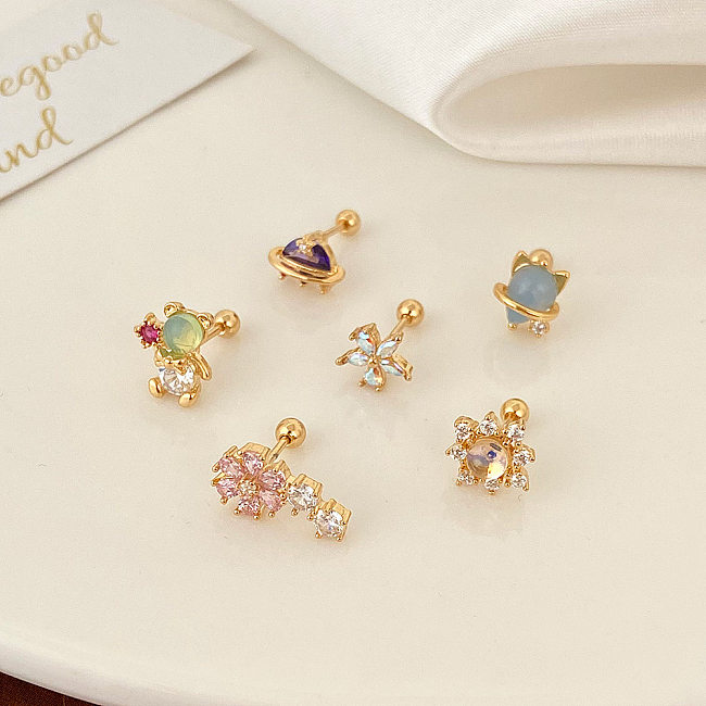 1 Piece Simple Style Round Flower Inlay Copper Zircon Ear Studs