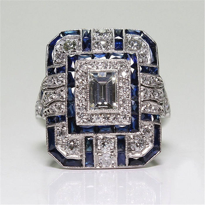 Luxurious Rectangle Brass Inlay Artificial Gemstones Zircon Rings