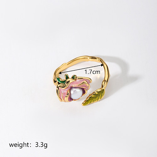 Fairy Style Retro Leaf Flower Copper Enamel Plating Inlay Artificial Pearls 18K Gold Plated Open Rings