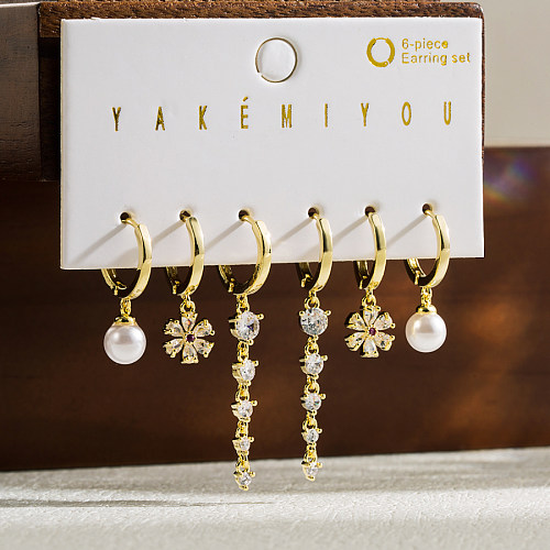 1 Set Yakemiyou Sweet Simple Style Pentagram Round Flower Tassel Copper Artificial Pearls Zircon 14K Gold Plated Earrings