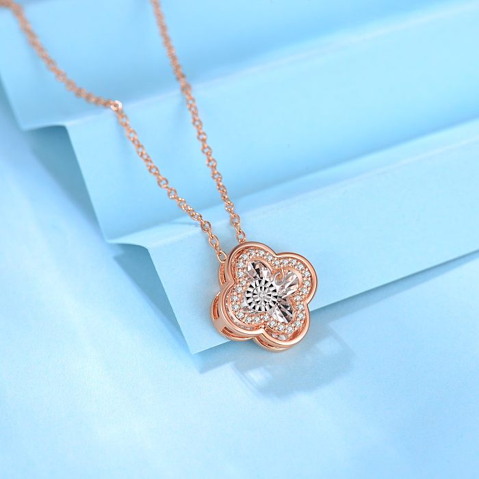 Shiny Four Leaf Clover Heart Shape Deer Copper Plating Inlay Diamond Rose Gold Plated Pendant Necklace