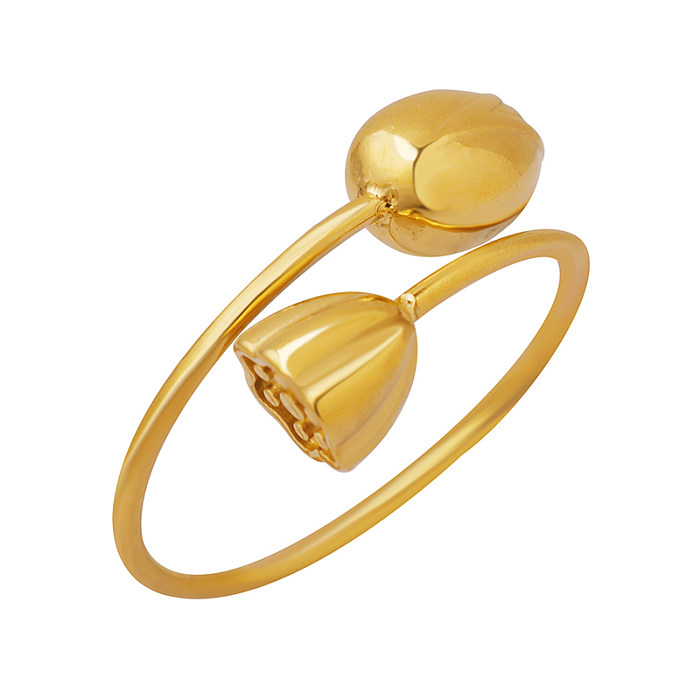 Wholesale Chinoiserie Lotus Titanium Steel 18K Gold Plated Open Ring