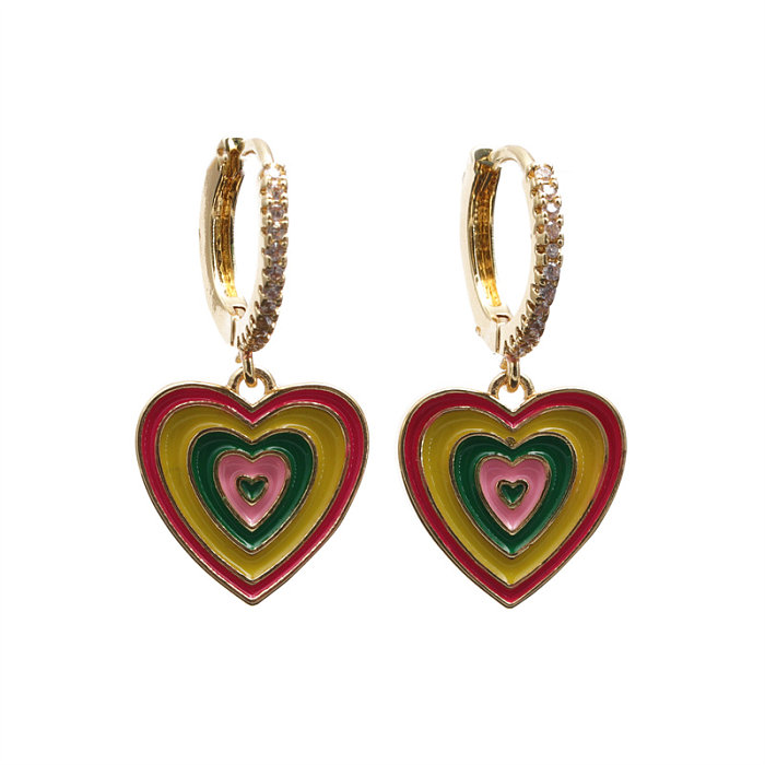 1 Paar elegante Streetwear-Ohrringe in Herzform, Emaille-Beschichtung, Inlay, Kupfer, Zirkon, vergoldet