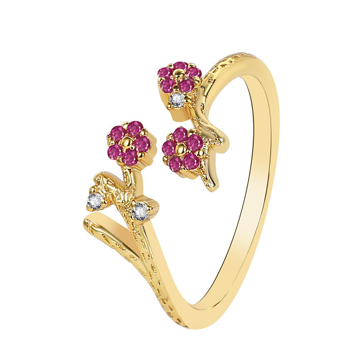 Elegant Flower Copper Inlay Zircon Open Ring