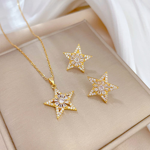 Estilo simples estrela titânio aço cobre chapeamento incrustação pedras preciosas artificiais banhado a ouro brincos colar