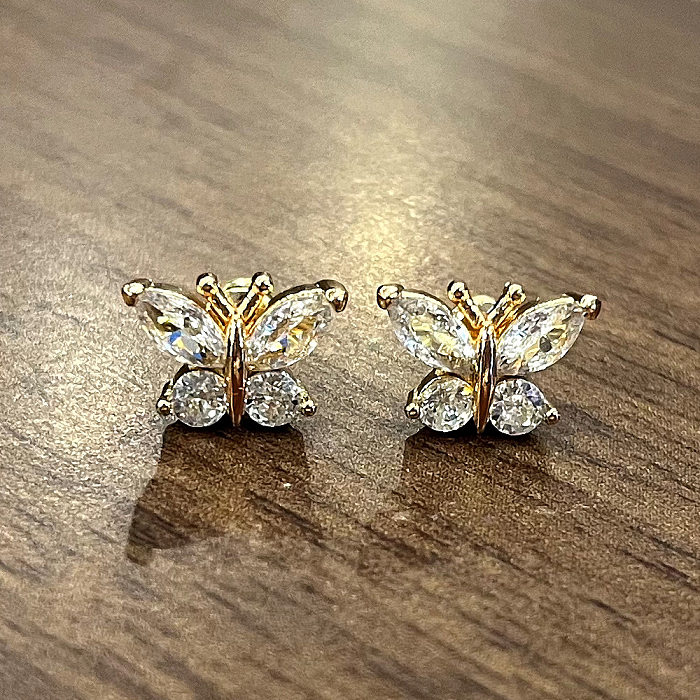 Simple Style Butterfly Copper Ear Studs Plating Inlay Zircon Copper Earrings