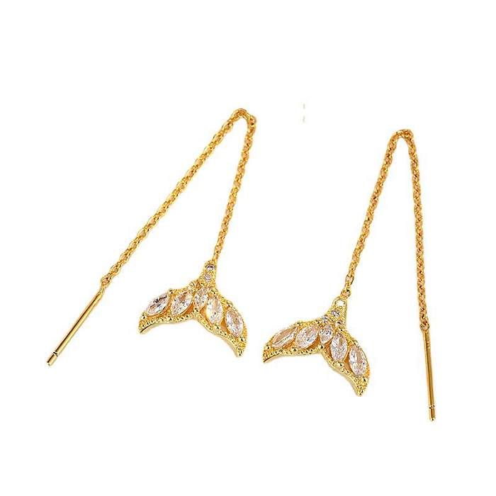 1 Pair IG Style Fish Bone Plating Inlay Copper Zircon 14K Gold Plated Ear Line
