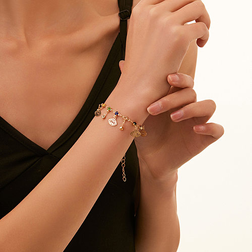 Bracelets plaqués or, Style Simple, œil du diable, forme de cœur, papillon, incrustation de cuivre, perles artificielles, strass