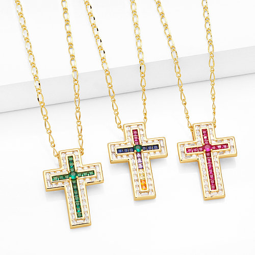 Fashion Simple Style Cross Copper Plating Inlay Zircon 18K Gold Plated Necklace