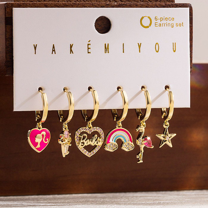 Cute Sweet Rainbow Heart Shape Barbie Copper Enamel Inlay Zircon 14K Gold Plated Drop Earrings