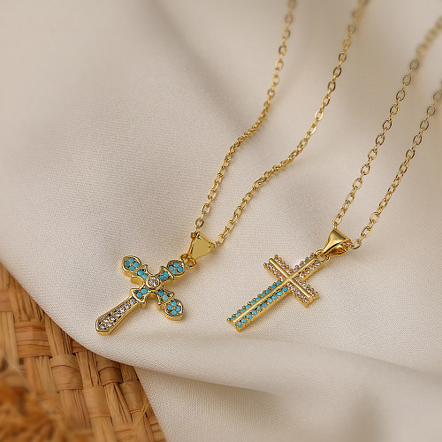 Einfache, klassische Kreuz-Kupfer-Inlay-Zirkon-Anhänger-Halskette mit 18-Karat-Vergoldung