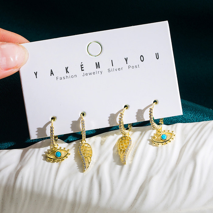 1 Set Yakemiyou Star Leaves Heart Shape Copper Plating Inlay Zircon 14K Gold Plated Drop Earrings