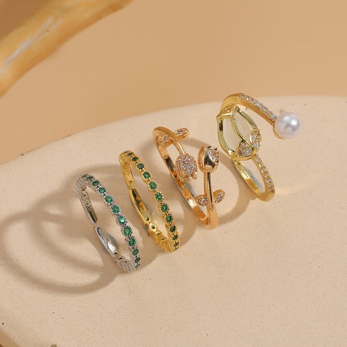 Simple Style Round Copper Plating Inlay Zircon 14K Gold Plated Open Rings