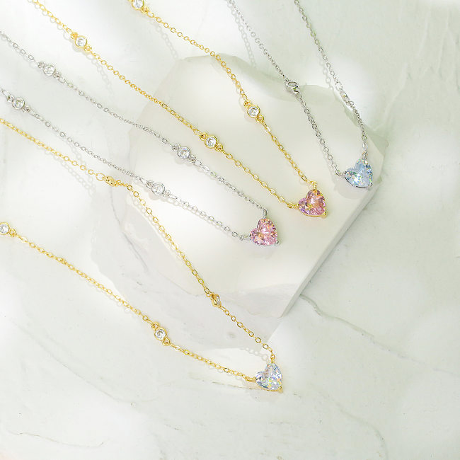 Collier avec pendentif en forme de cœur, en cuivre, Micro incrusté de Zircon, diamant rose, à la mode