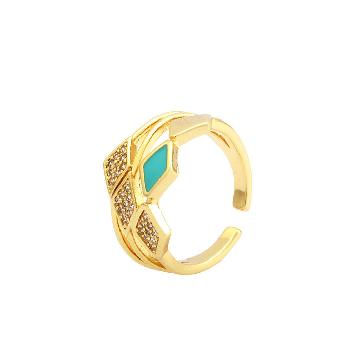 Elegante estilo simples losango cobre esmalte chapeamento embutimento zircão 18K anéis abertos banhados a ouro
