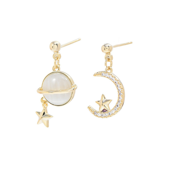 1 Pair Simple Style Star Moon Copper Asymmetrical Plating Inlay Artificial Gemstones Zircon Drop Earrings
