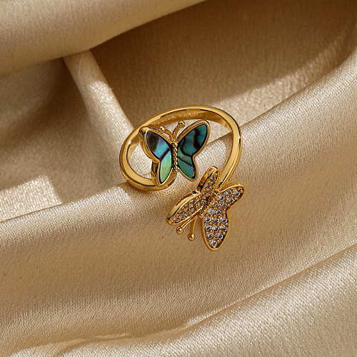 Fashion Butterfly Copper Plating Inlay Shell Zircon 18K Gold Plated Open Rings