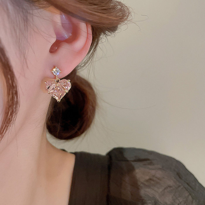Sweet Heart Shape Copper Ear Studs Inlay Zircon Copper Earrings