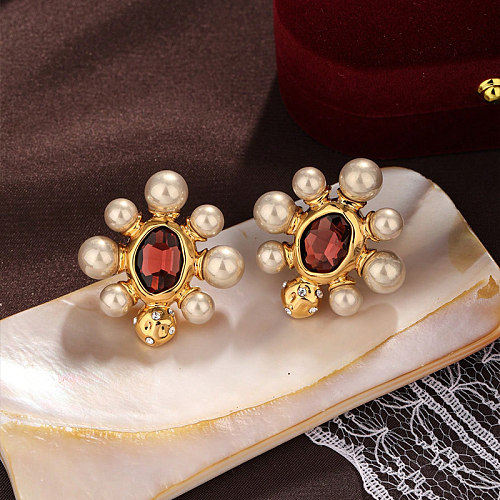 1 Pair Vintage Style Lady Geometric Inlay Copper Pearl Zircon Ear Studs