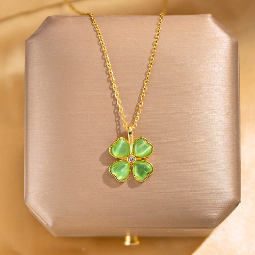 Elegant Leaf Titanium Steel Copper Inlay Artificial Gemstones Pendant Necklace