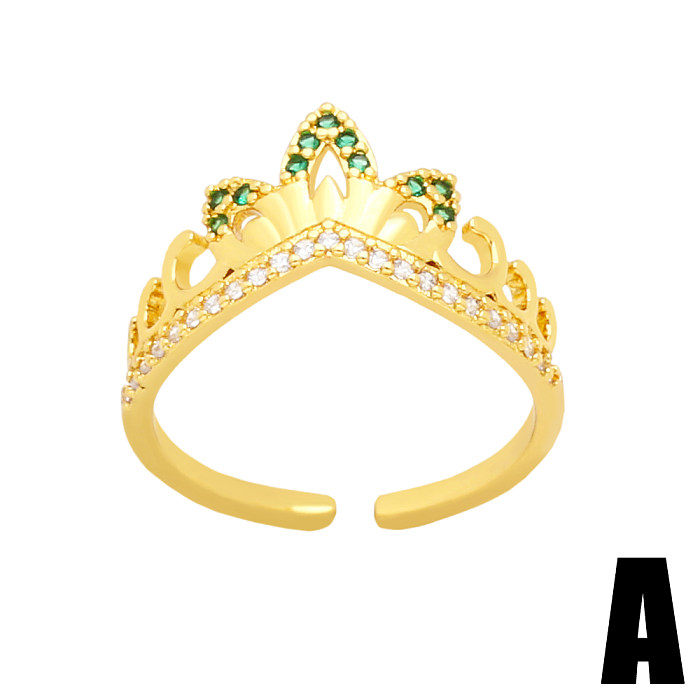 Fashion Heart Shape Crown Copper Gold Plated Zircon Open Ring 1 Piece