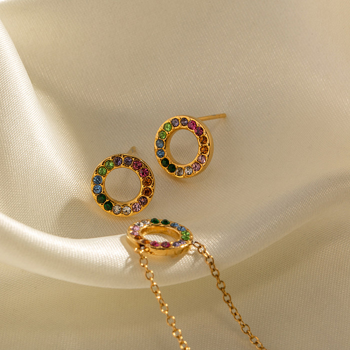INS Style Retro Kreis Edelstahl Inlay Zirkon 18K vergoldete Ohrringe Halskette