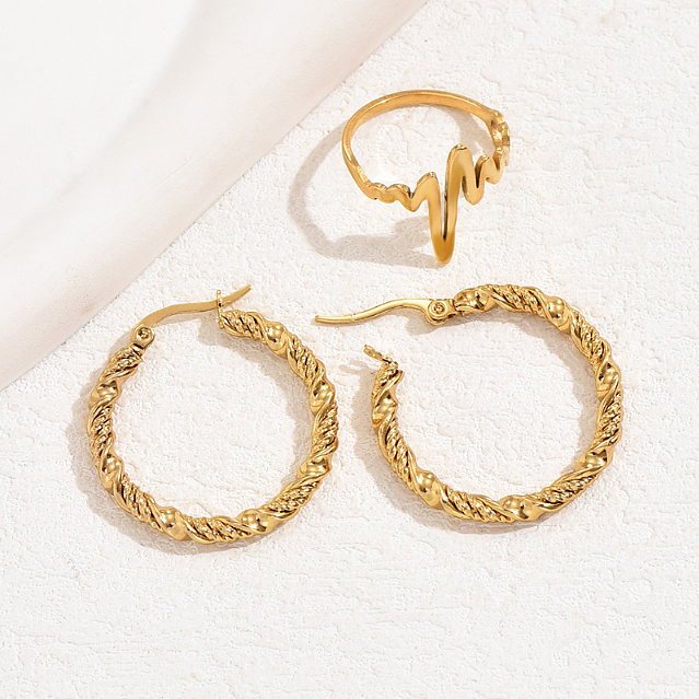 Fashionable Golden Stainless Steel Simple Batch Flower Temperament Women's Ring Ear Ring Women's Jewelry Set
