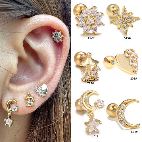 1 Piece IG Style Simple Style Star Moon Heart Shape Plating Inlay Brass Zircon 18K Gold Plated White Gold Plated Sleeper Earrings  Ear Studs