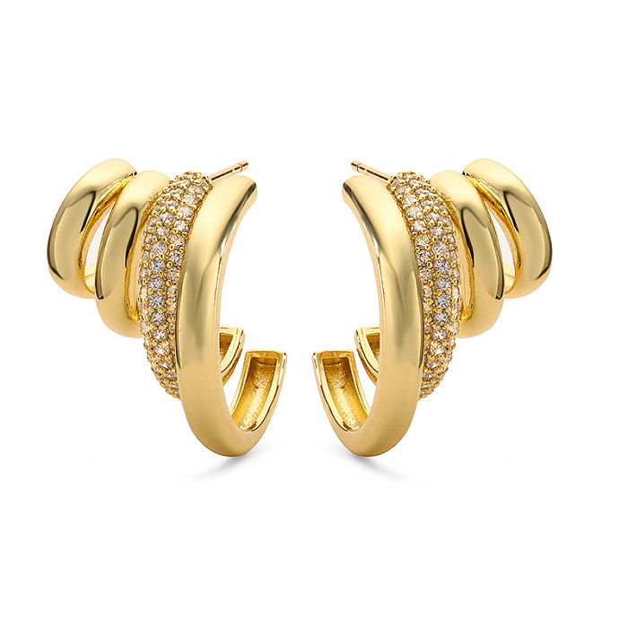 1 Pair IG Style Exaggerated Luxurious C Shape Lines Layered Plating Inlay Copper Zircon 18K Gold Plated Ear Studs
