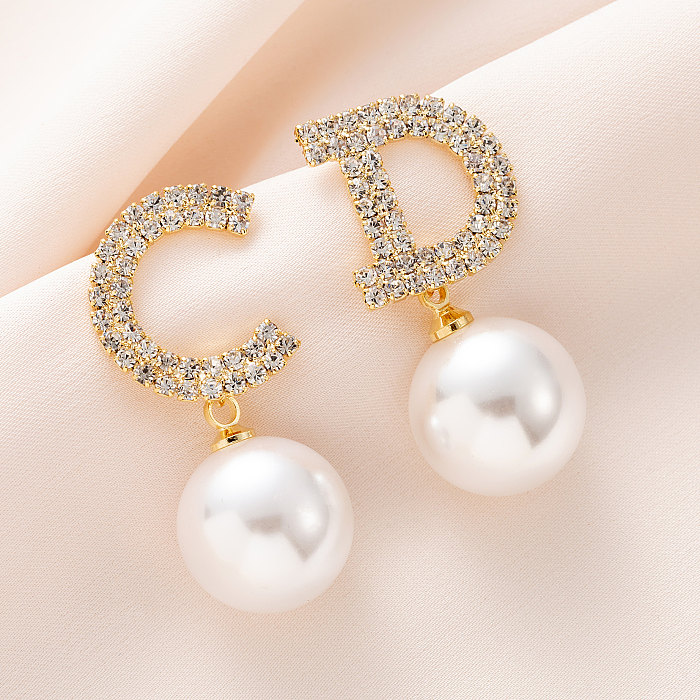 Elegant Geometric Copper Gold Plated Artificial Pearls Zircon Earrings 1 Pair