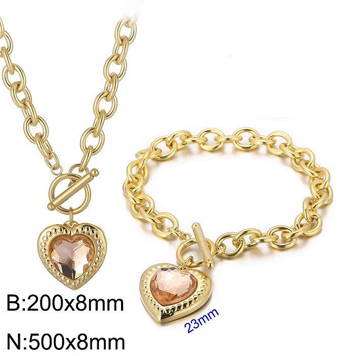 Fashion Heart Shape Stainless Steel Plating Inlay Glass Bracelets Earrings Necklace