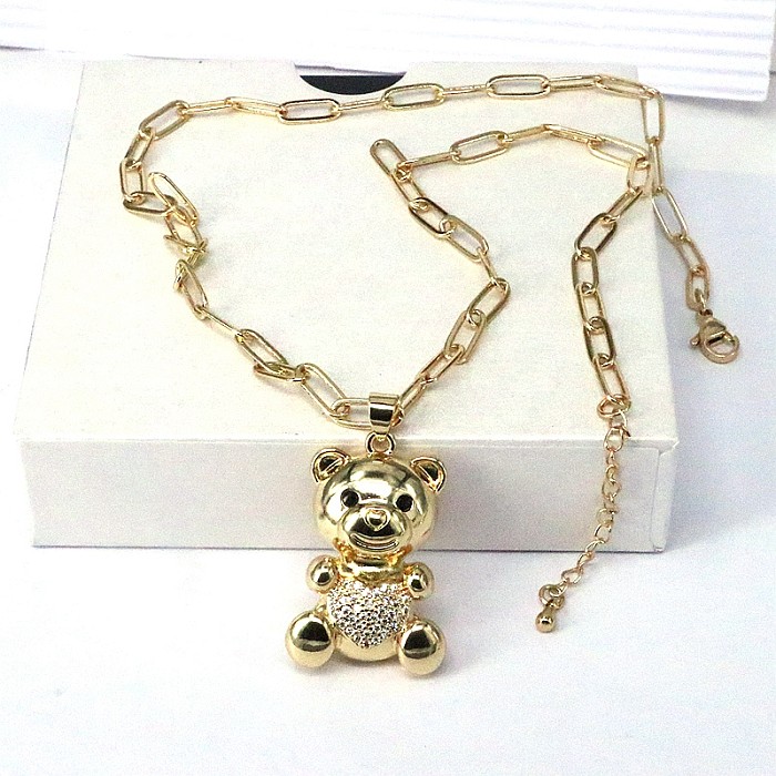 Hip-Hop Little Bear Copper Gold Plated Zircon Pendant Necklace In Bulk