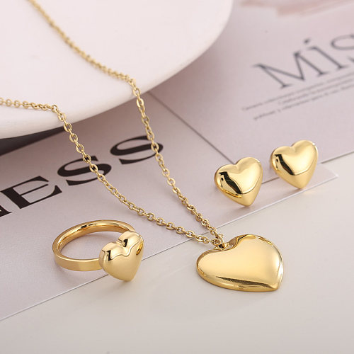 Mode coeur forme titane acier placage anneaux boucles d'oreilles collier 1 ensemble