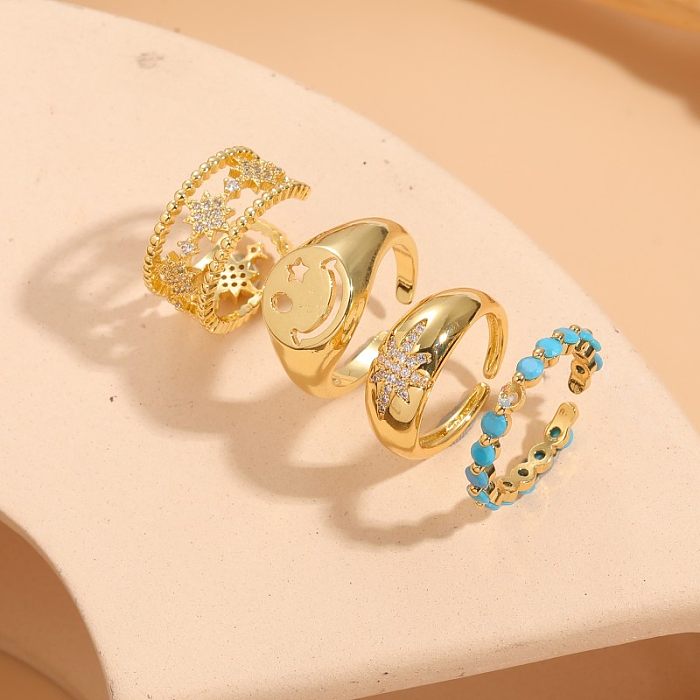Classic Style Star Smiley Face Copper Asymmetrical Plating Inlay Zircon 14K Gold Plated Open Rings